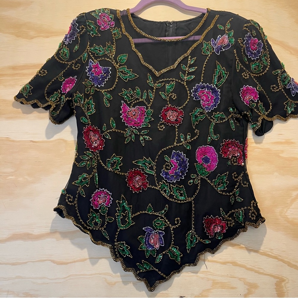 Vtg Sequin Silk Cocktail Top Blouse Laurence Kazar Fuschia Black Floral Beaded L